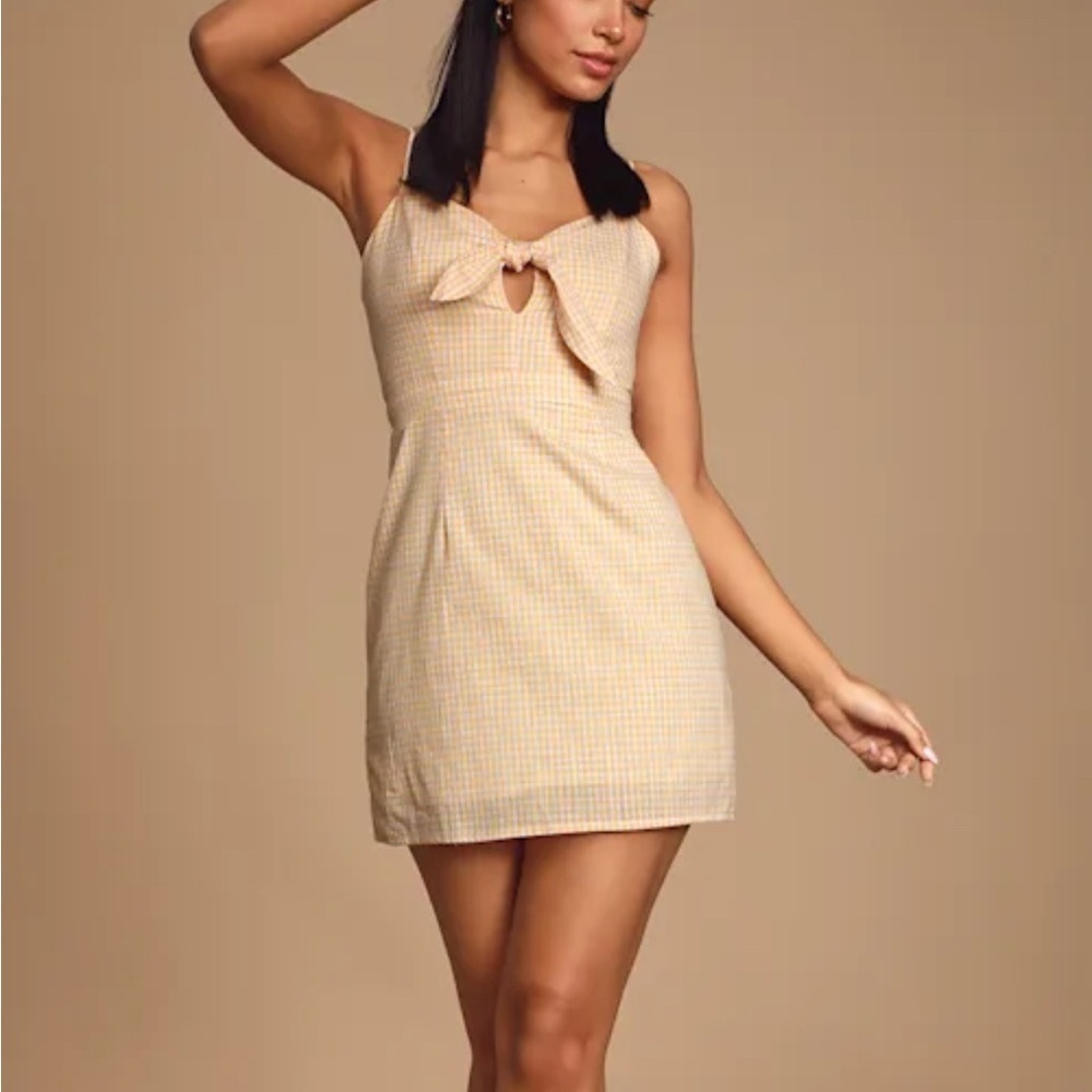 LULUS women’s Music City White & Yellow Gingham Tie-Front mini Dress size small